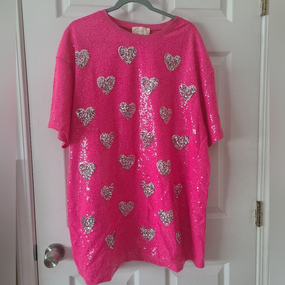 New Fantastic Fawn Pink Sequin Heart Mini Dress Size L - Picture 4 of 8